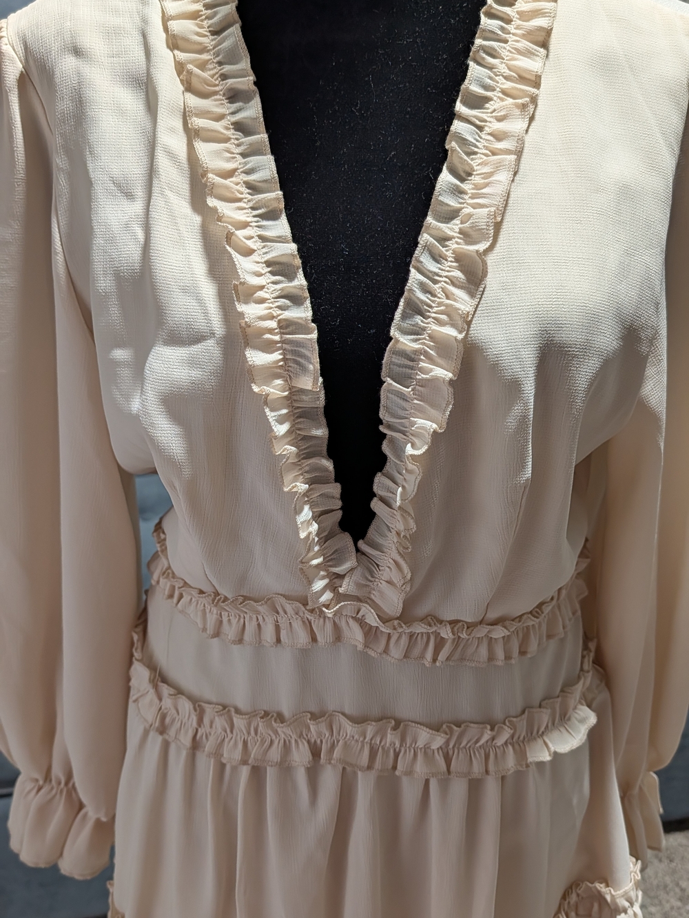 Ruffled Deep V-Neck Cream Dress